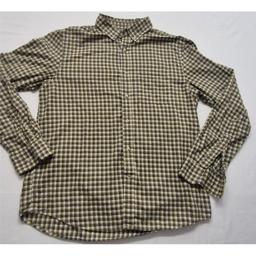 Banana Republic Untucked Fit men's brown plaid LS button up shirt LG Cotton